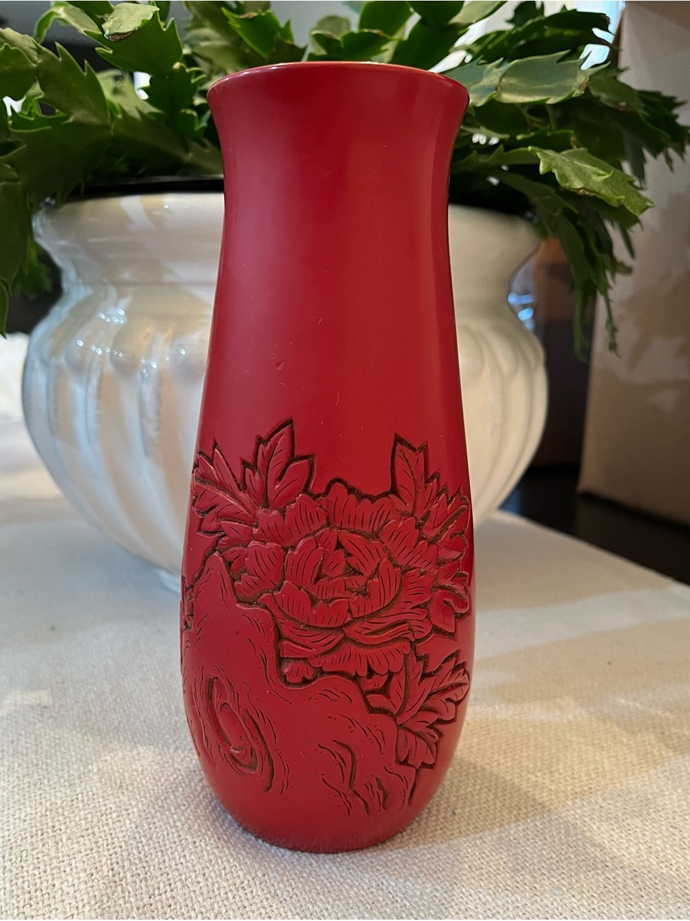 Vintage Murakami Tsuishu Laquerware Vase Hand Carved Peony Flower Ikebana JAPAN